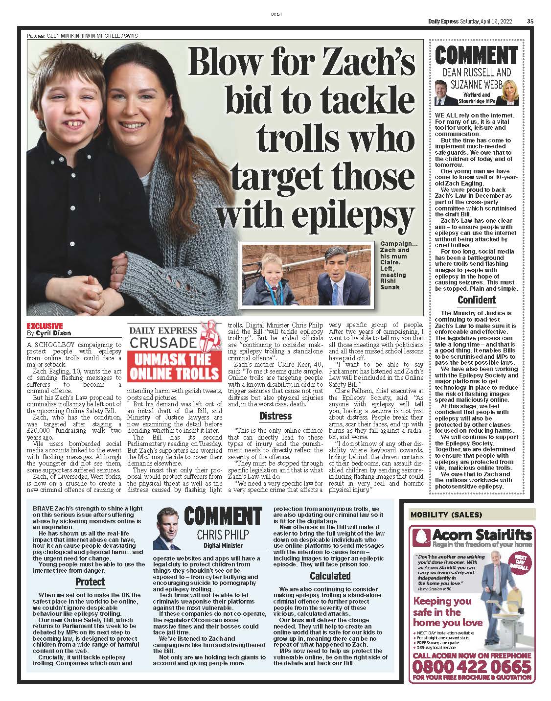 Zach and his mum, Claire Keer are photographed in the express page 35