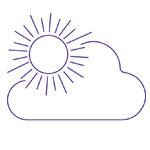 Outline of the sun shining in front of a cloud. 