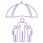 A family standing under a protective umbrella. 