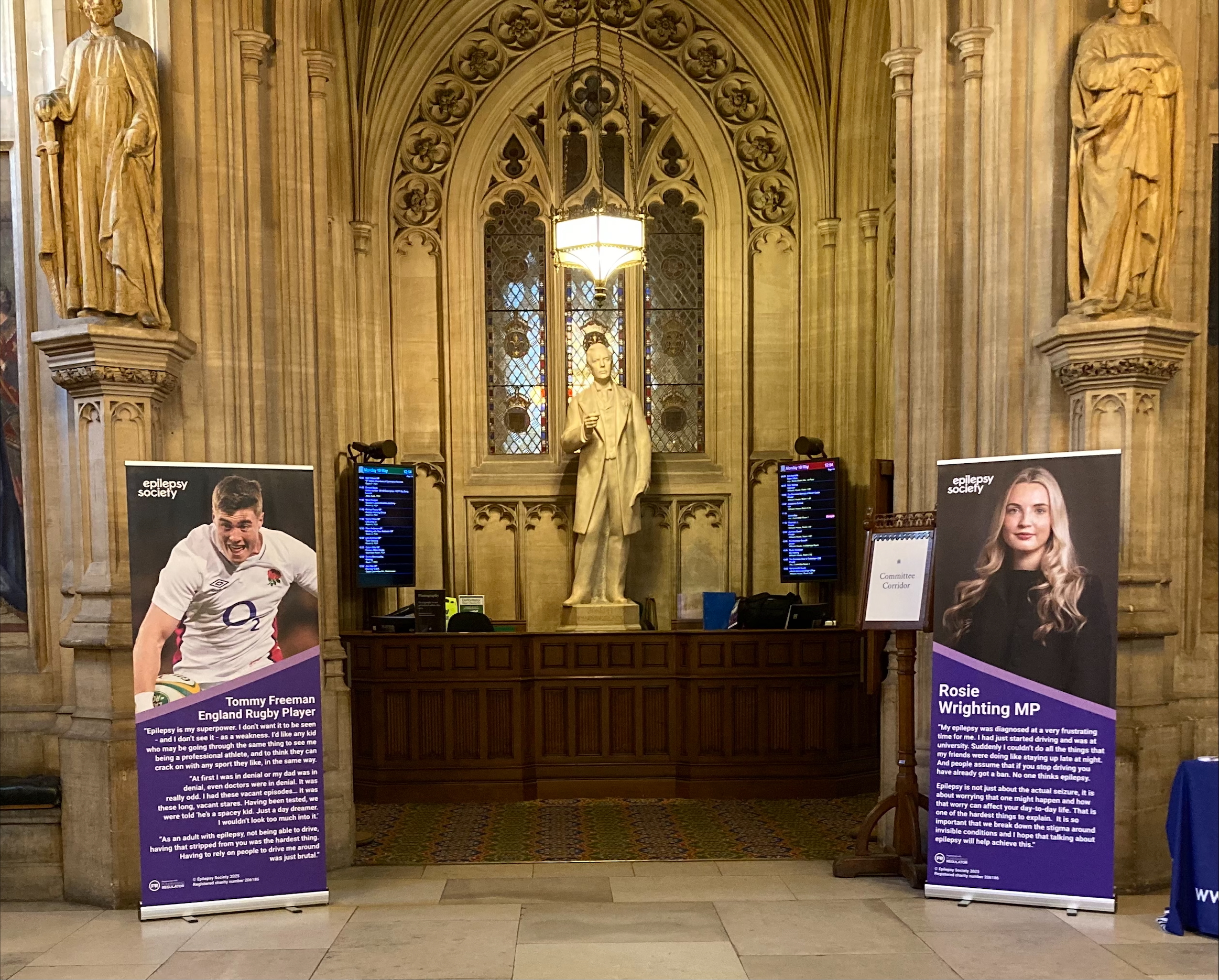 Pull-up banners of rugby player, Tommy Freeman and MP Rosie Wrighting take pride of place in the Upper Waiting Hall of the House of Commons