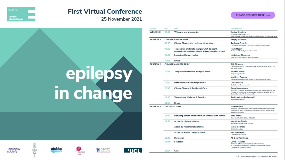 Flyer for Epilepsy and climate change virtual conference with green background