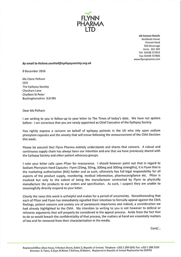 Flynn Pharma's letter for Clare Pelham