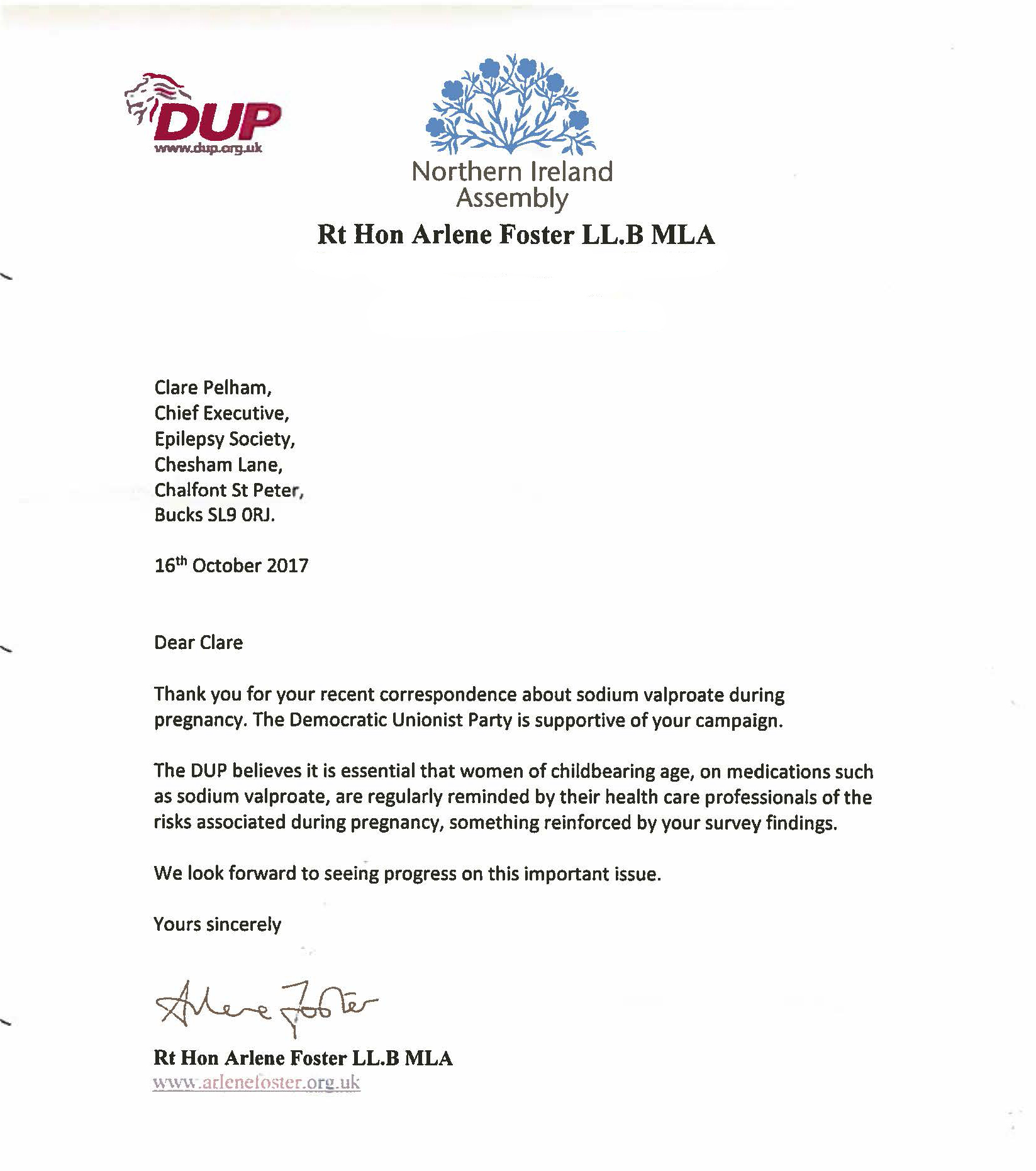 Letter from Arlene Foster