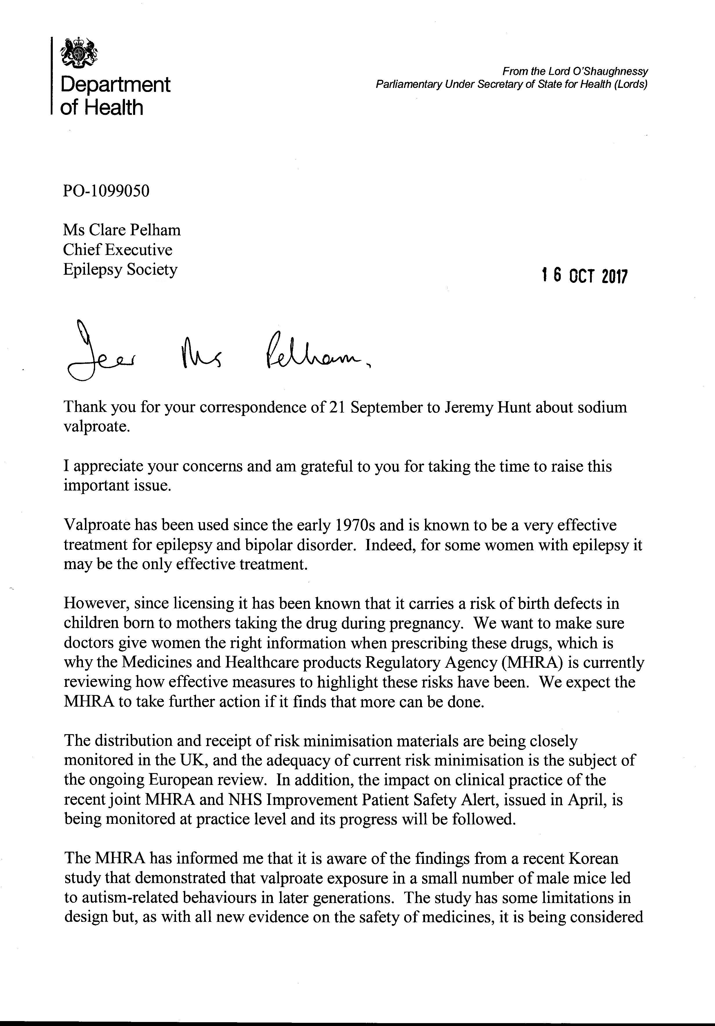 Letter from Jeremy Hunt 