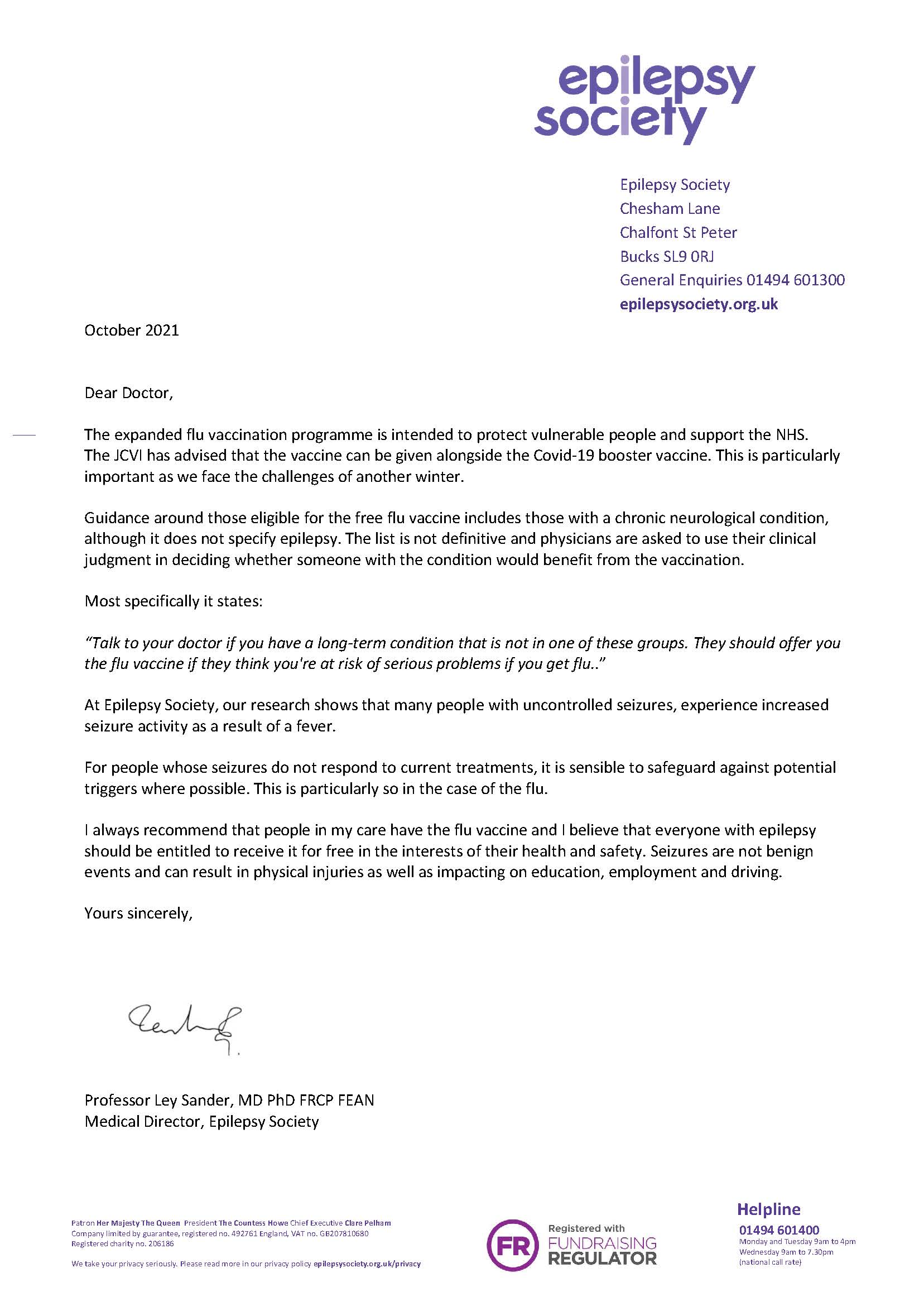 Letter of support from Ley Sander for people with epilepsy to take to their GP
