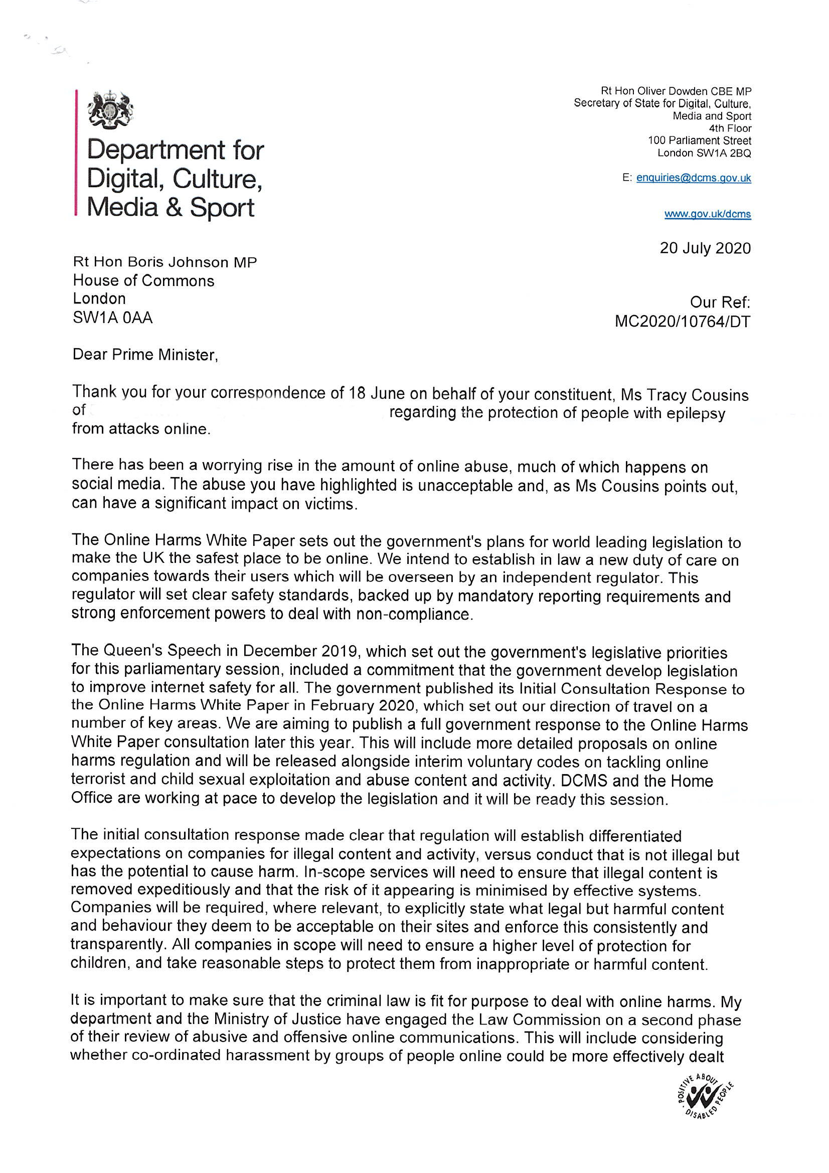Letter from Boris Johnson and OD to Tracy Cousins