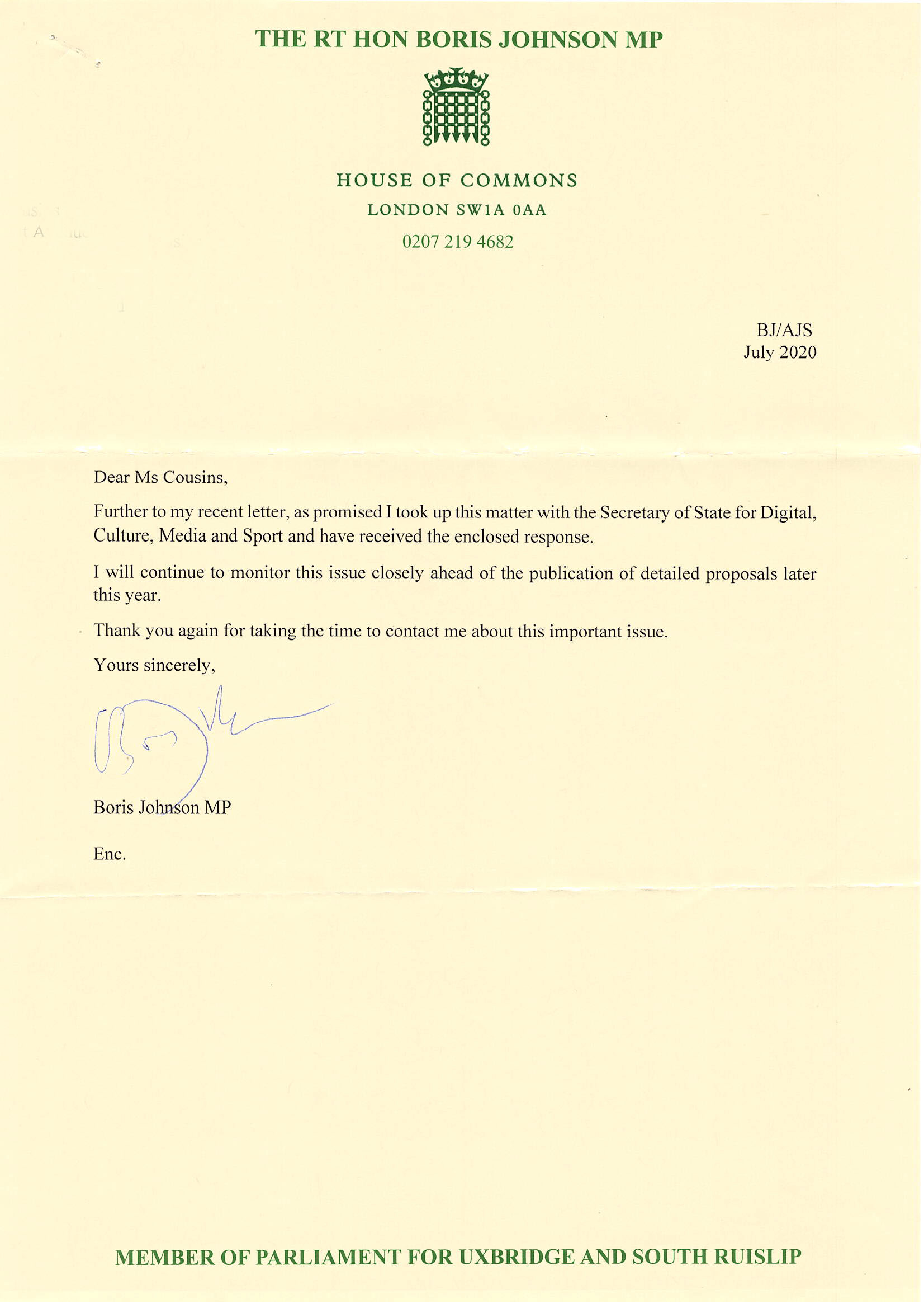 Letter from Boris Johnson and OD to Tracy Cousins