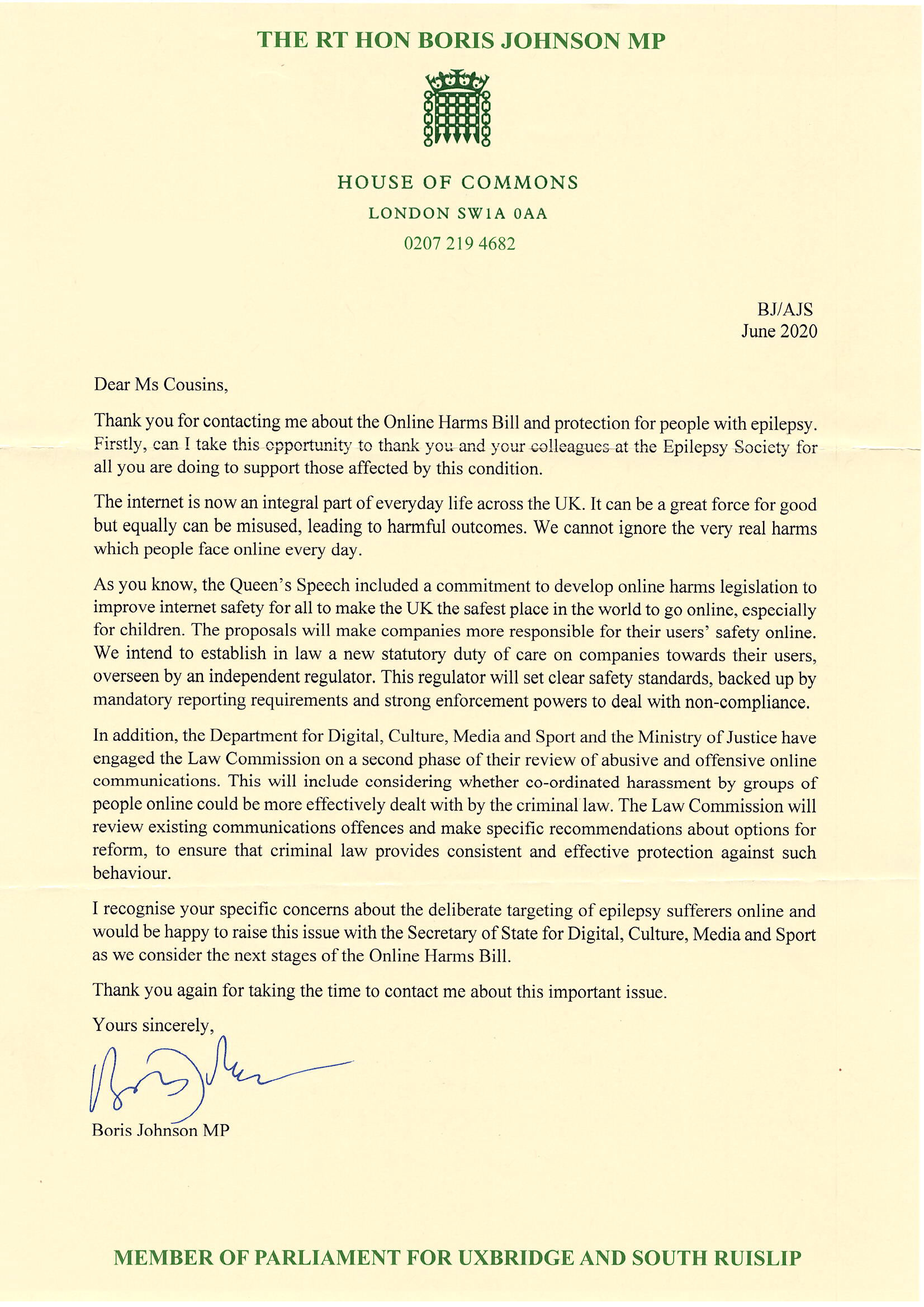 Letter from Boris Johnson