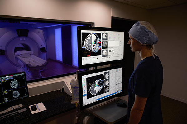 Patient is moved into the bore of the magnet and high resolution images allow for precision targeting and monitoring