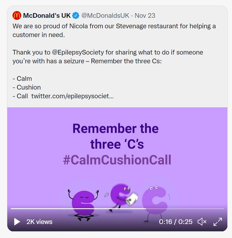 Twitter feed shows McDonalds sharing Epilepsy Society's 3Cs Calm, Cushion, Call message.