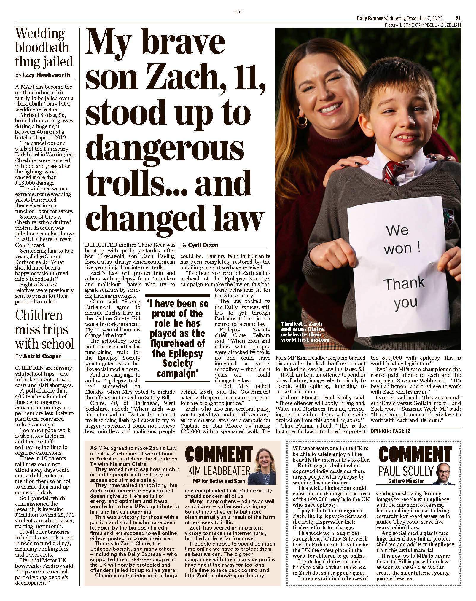 Page 21 of the Daily Express, featuring Zach's Law with comments from MPs