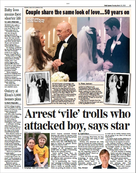 Page 27 of the Daily Express carrying the story about Richard Madeley's support for Zach's Law