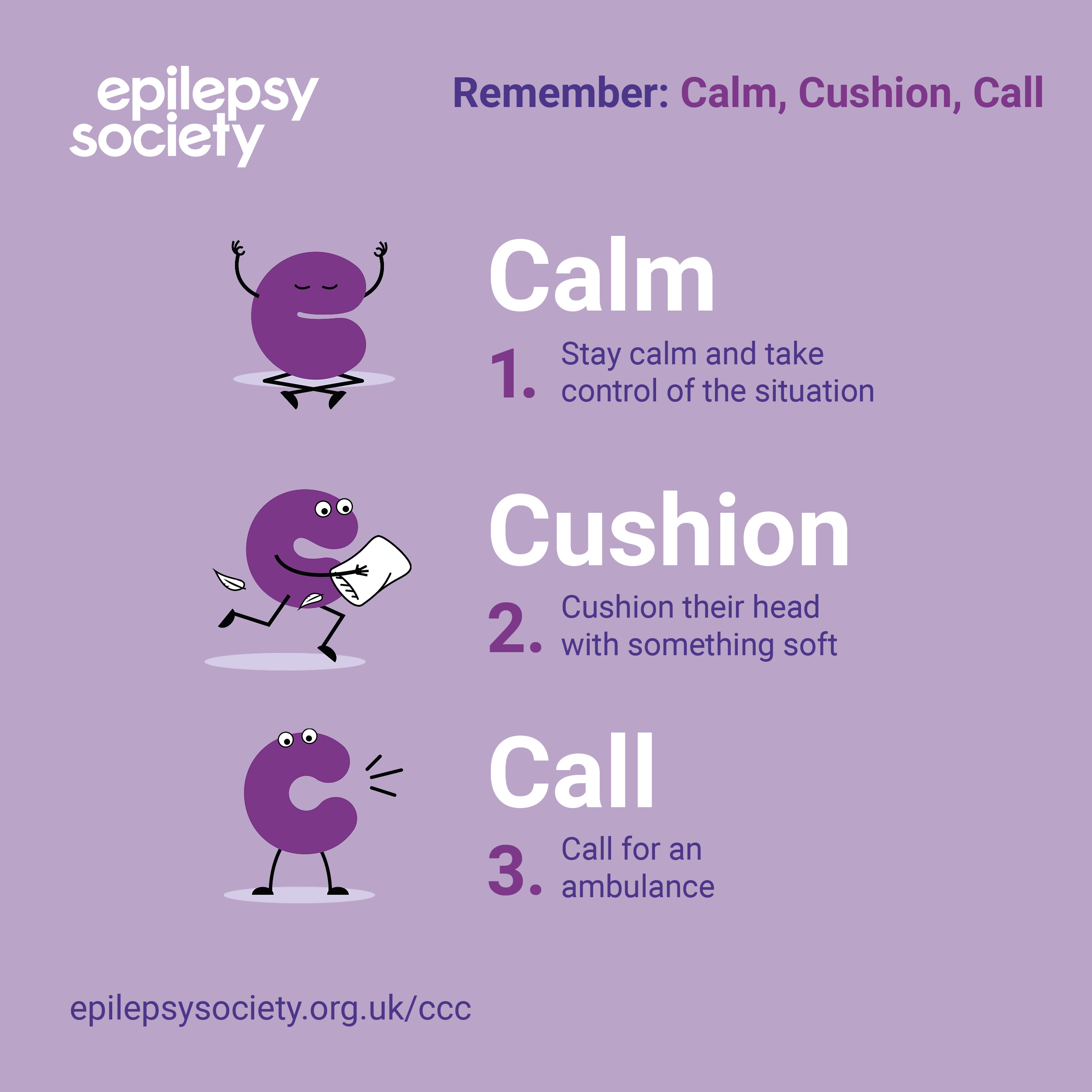 Infographic with purple background includes the simple message Calm, Cushion, Call, with each word accompanies by an animated C