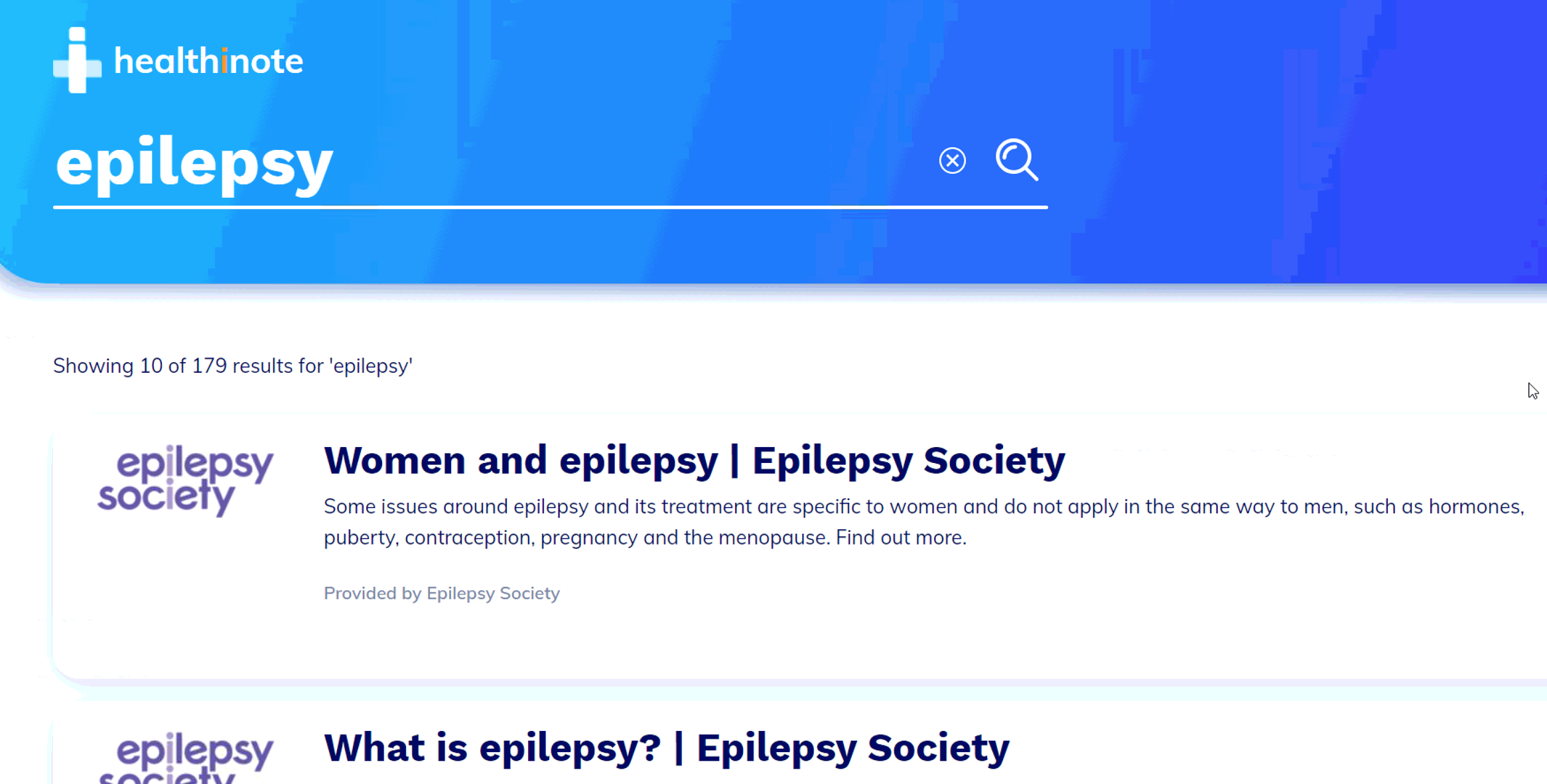 A screenshot of the search for 'epilepsy' on Healthinote, showing several results for information from the Epilepsy Society