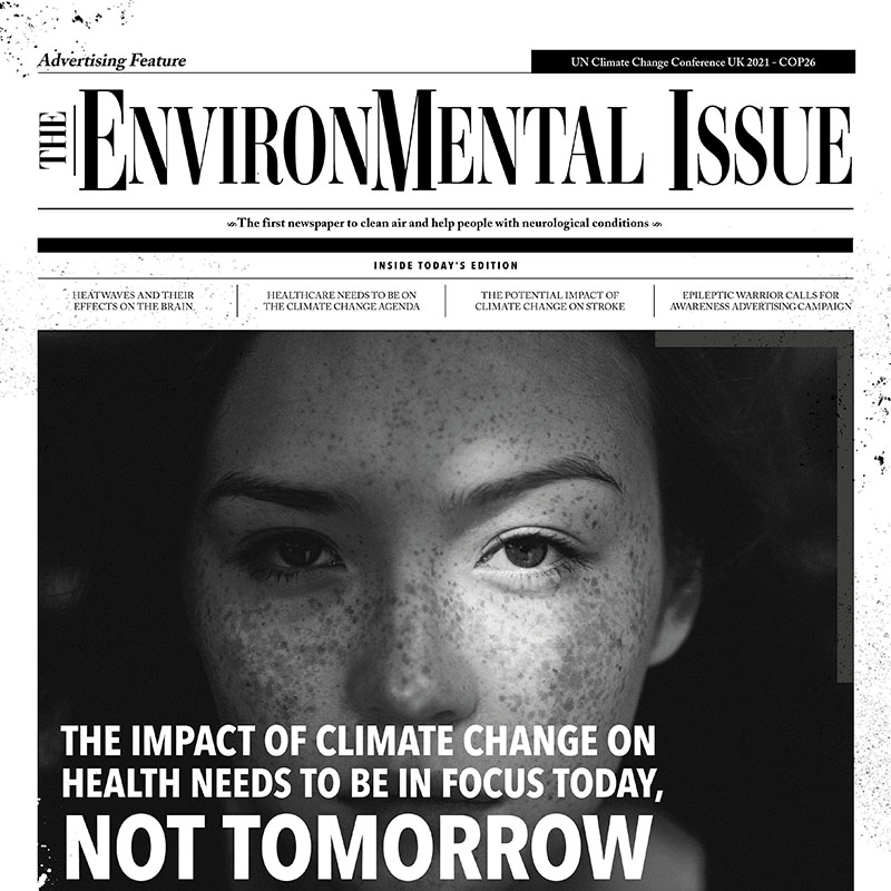 Front cover of black and white newspaper supplement The Environmental Issue, featuring a young girl with freckles