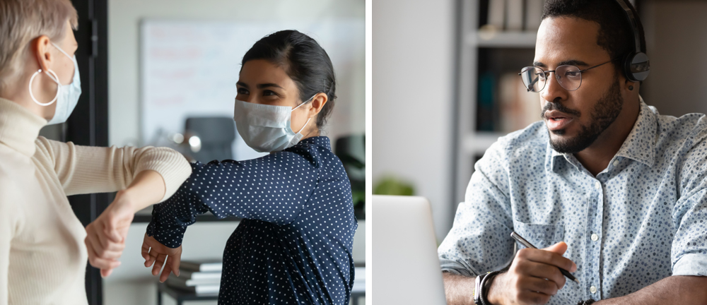 Two people working together in an office and one person working from home