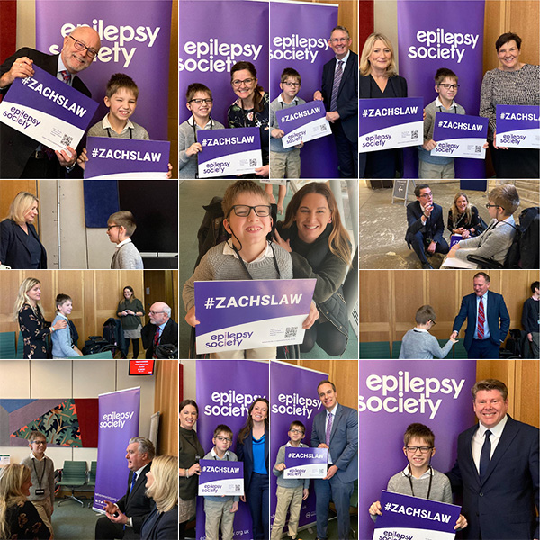 A collage of photos showing Zach meeting and greeting MPs in parliament. Everyone is holding lacards in purple and white, saying #Zachslaw