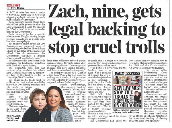 Daily Express story about Law Commission recommending new offence to deal with internet trolls who target people with epilepsy