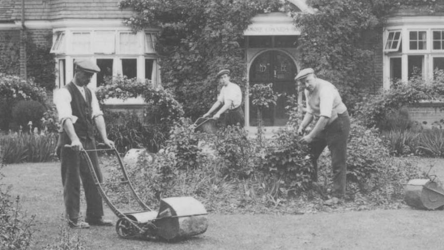 A group of men mowing a lawn