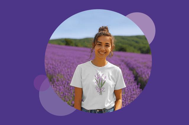 woman in lavender t-shirt in lavender field