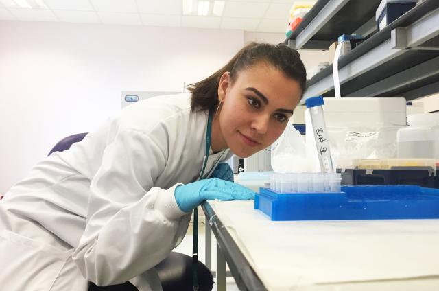 A researcher looking at a test tube